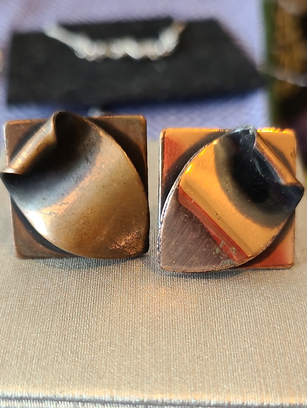 Abstract Sculptural Square Metal Clip-on Earrings - Two-Tone Copper & Black